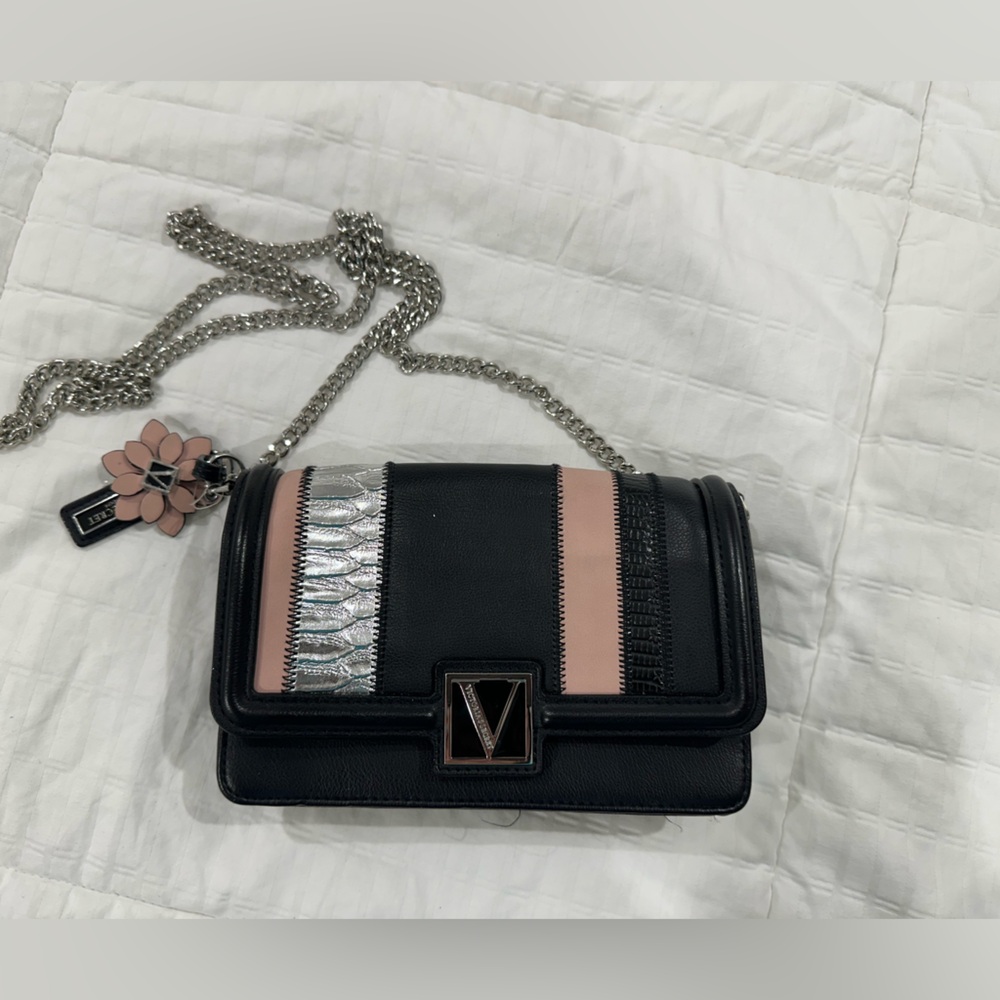 Victoria's Secret Black and Pink Crossbody Bag with Silver Accents